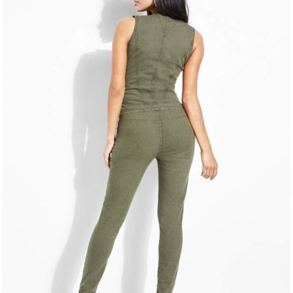 Sexy GUESS Women's Cara Zip-Front Denim Jumpsuit - Army Olive - XS - Picture 2 of 16